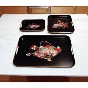 3 Piece Nesting Lacquerware Tray set Oriental Asian Fans 18" X 11" (defects)